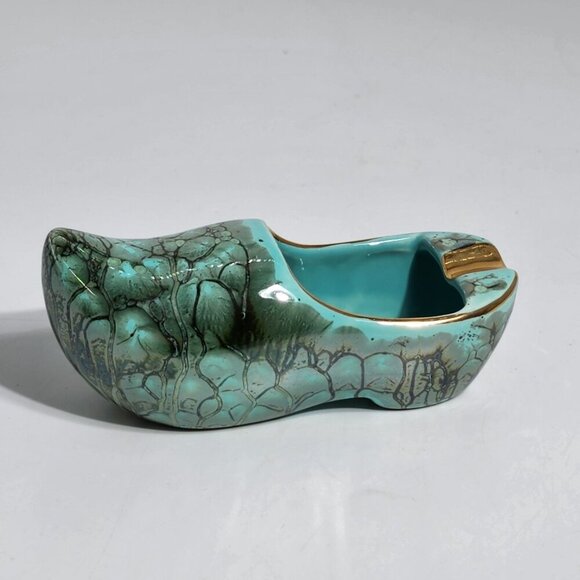 Vintage Dutch Ceramic Clog Shoe Turquoise and Gold Hand Painted Made in Holland - Picture 1 of 8